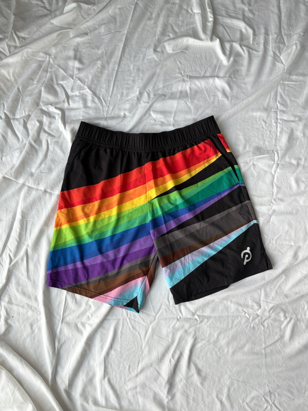 Peloton Black Athletic Shorts with Rainbow Stripe